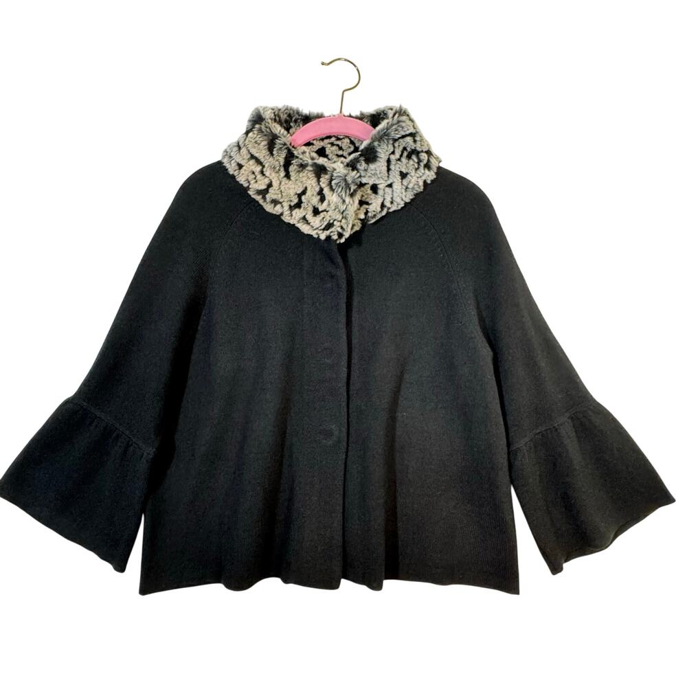 INC Fur Trimmed Collar Snap Front Black Sweater 3/4 Bell Sleeves Size X-Large XL